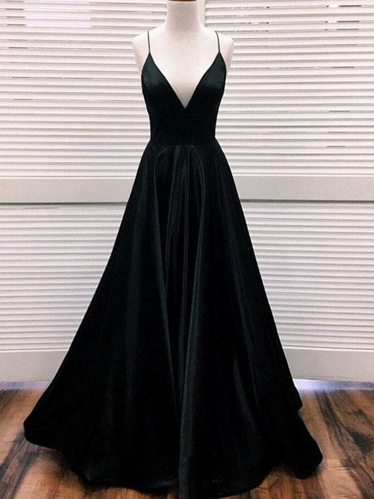 V Neck Black Satin Prom Dresses Long ...